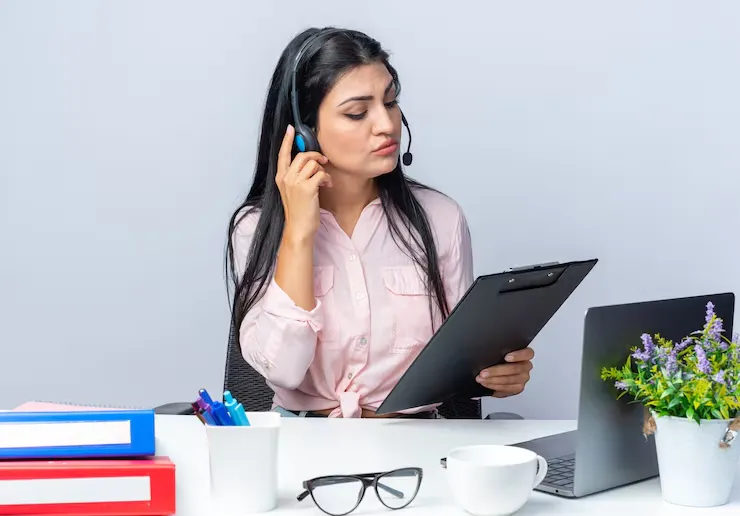 young beautiful woman casual clothes with headphones microphone holding clipboard looking it with serious face sitting table with laptop white 141793 128534 11zon